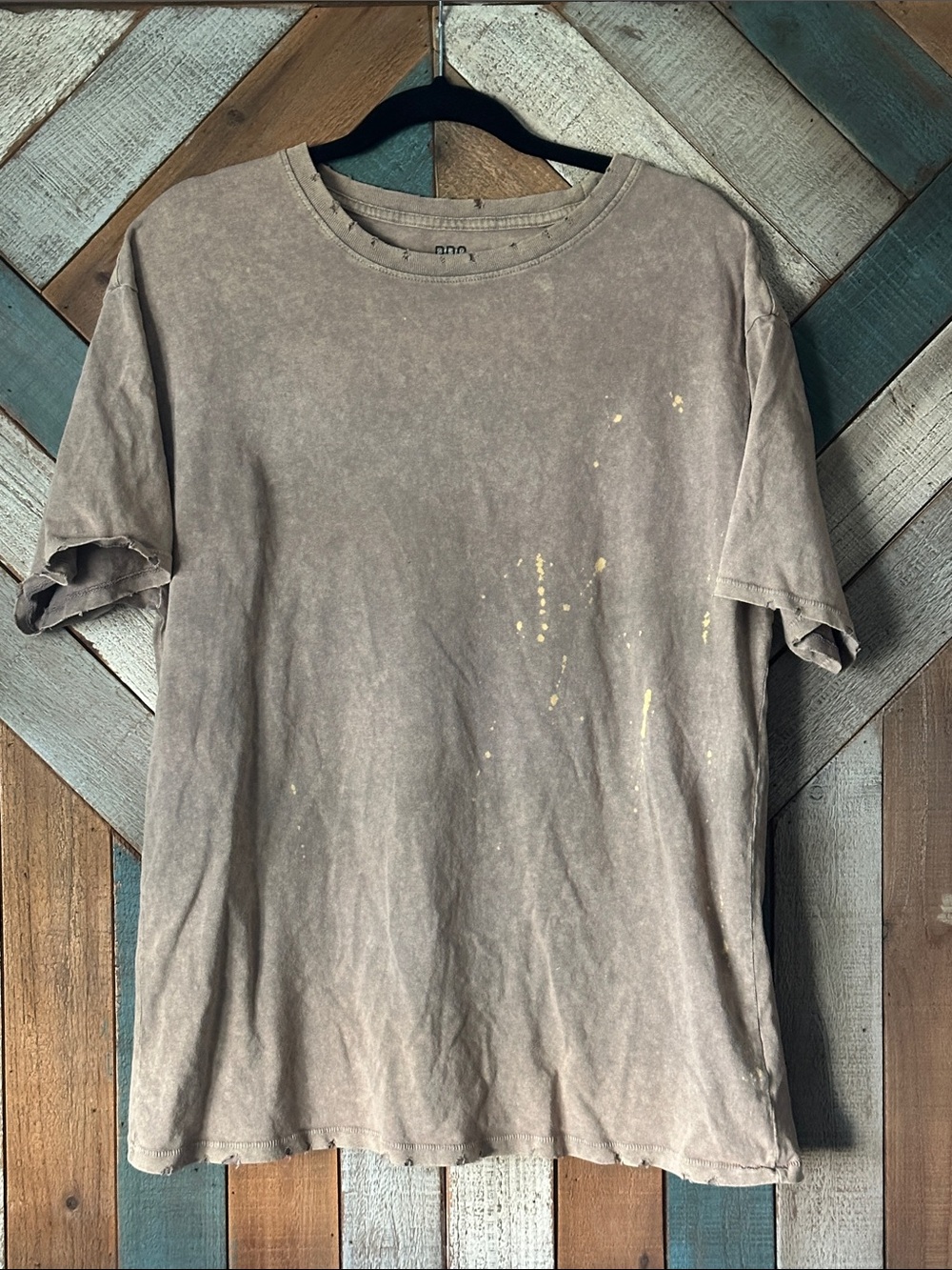 BDG Men's Washed Taupe Crewneck Tee with Paint Splatter